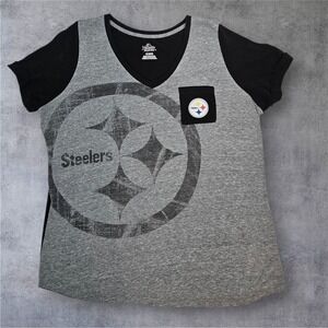 NFL Pittsburgh Steelers Womens XL Majestic Fan Fashion Gray Black V-Neck Top J24